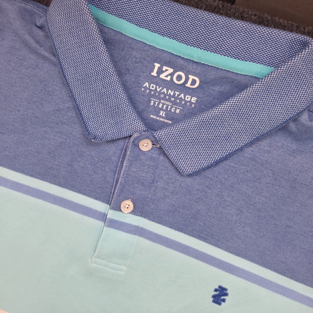 IZOD Polo Shirt Men XL Blue White Stripe Cotton Blend Stretch Performance Preppy